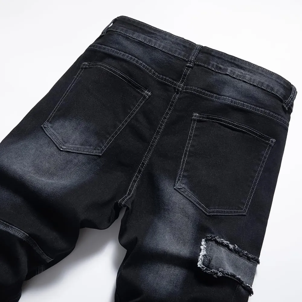 Men's Jeans Denim Pants Straight Patchwork Distressed Biker Jean Streetwear