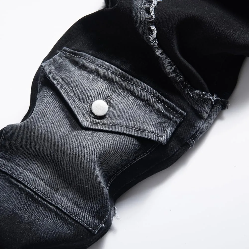 Men's Jeans Denim Pants Straight Patchwork Distressed Biker Jean Streetwear
