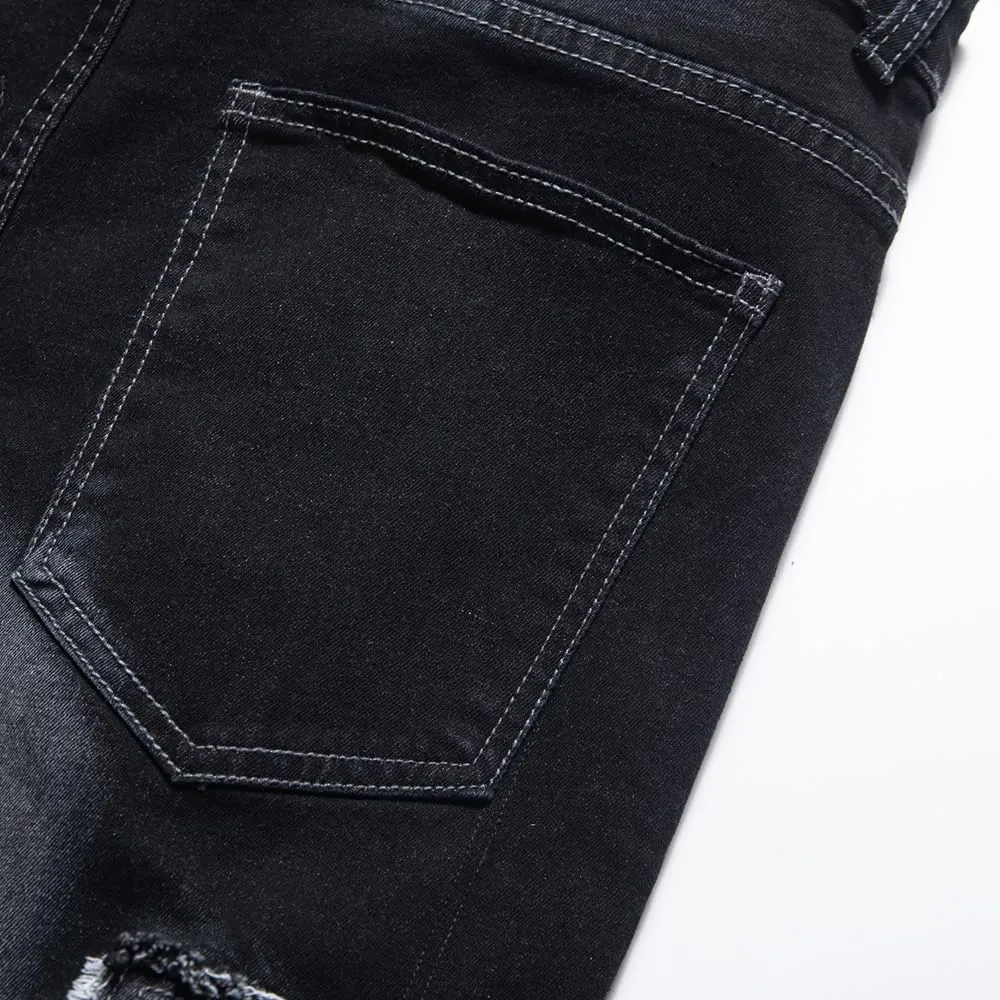 Men's Jeans Denim Pants Straight Patchwork Distressed Biker Jean Streetwear