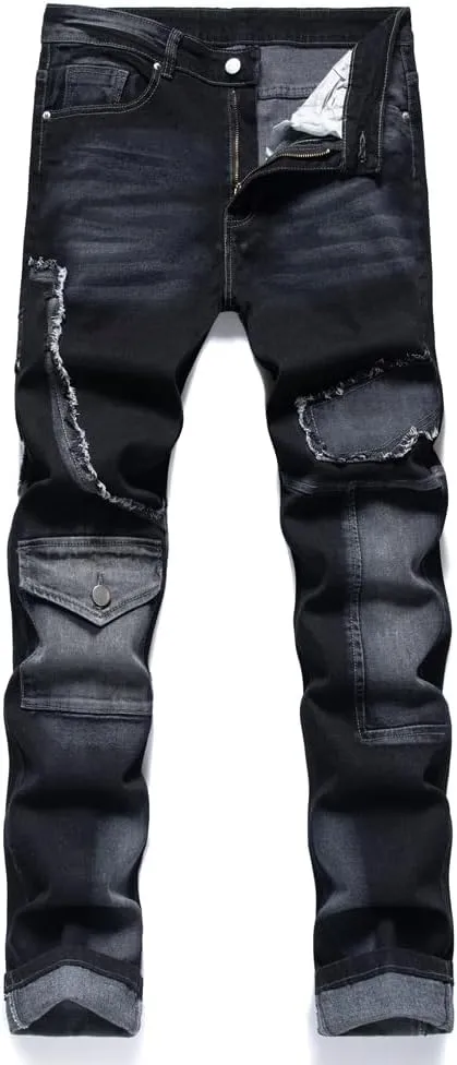 Men's Jeans Denim Pants Straight Patchwork Distressed Biker Jean Streetwear