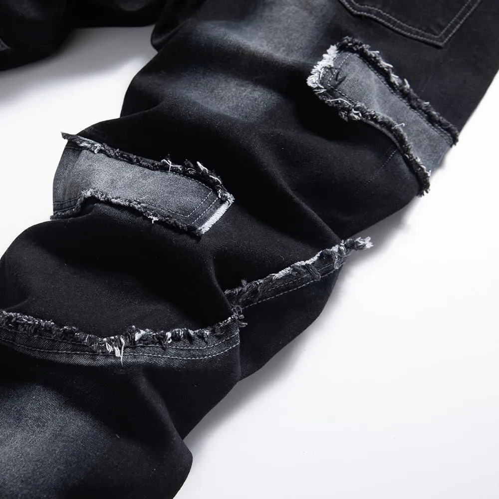 Men's Jeans Denim Pants Straight Patchwork Distressed Biker Jean Streetwear