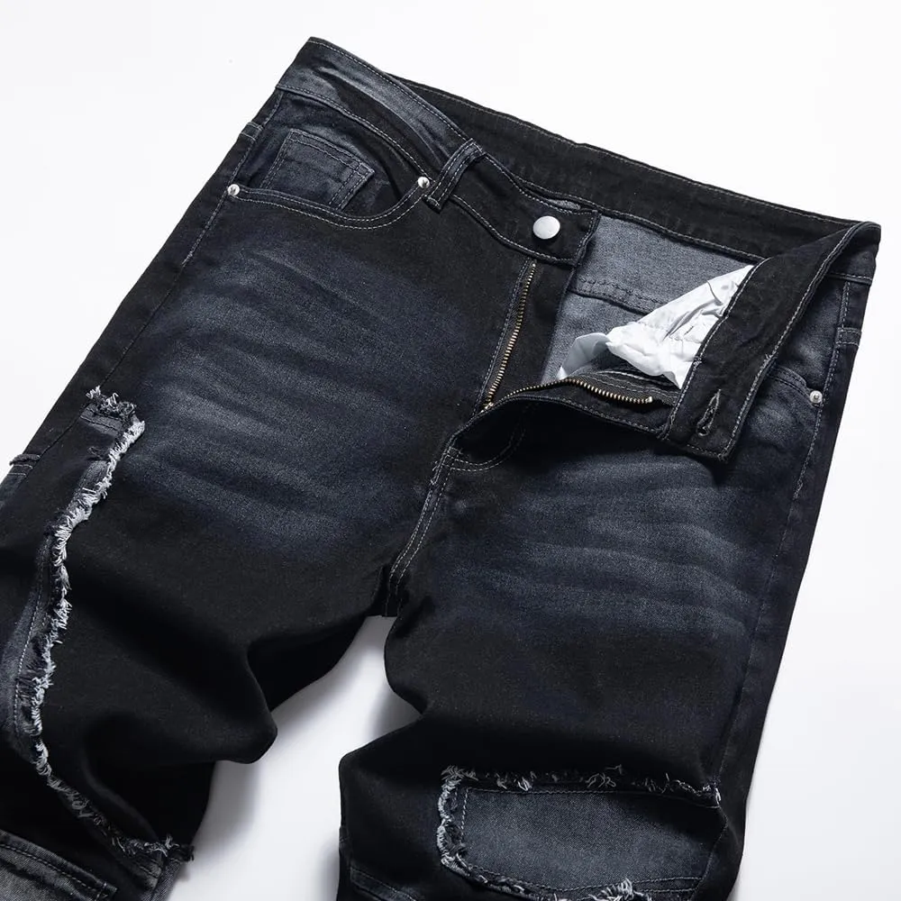 Men's Jeans Denim Pants Straight Patchwork Distressed Biker Jean Streetwear