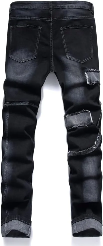 Men's Jeans Denim Pants Straight Patchwork Distressed Biker Jean Streetwear