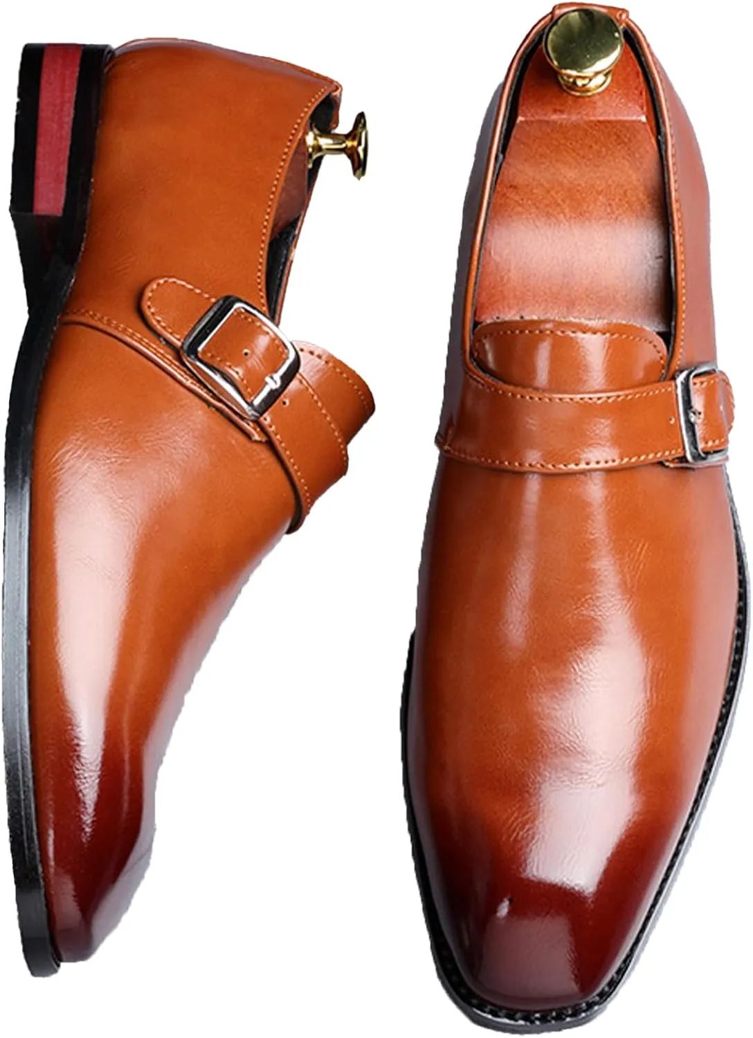 Men's Leather Monk Buckle Formal Oxford Shoes Round Toe Slip-On Fashion Low Top Casual Business Formal Shoes