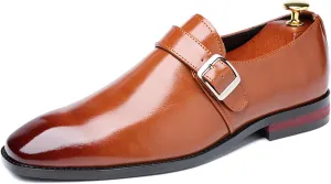 Men's Leather Monk Buckle Formal Oxford Shoes Round Toe Slip-On Fashion Low Top Casual Business Formal Shoes