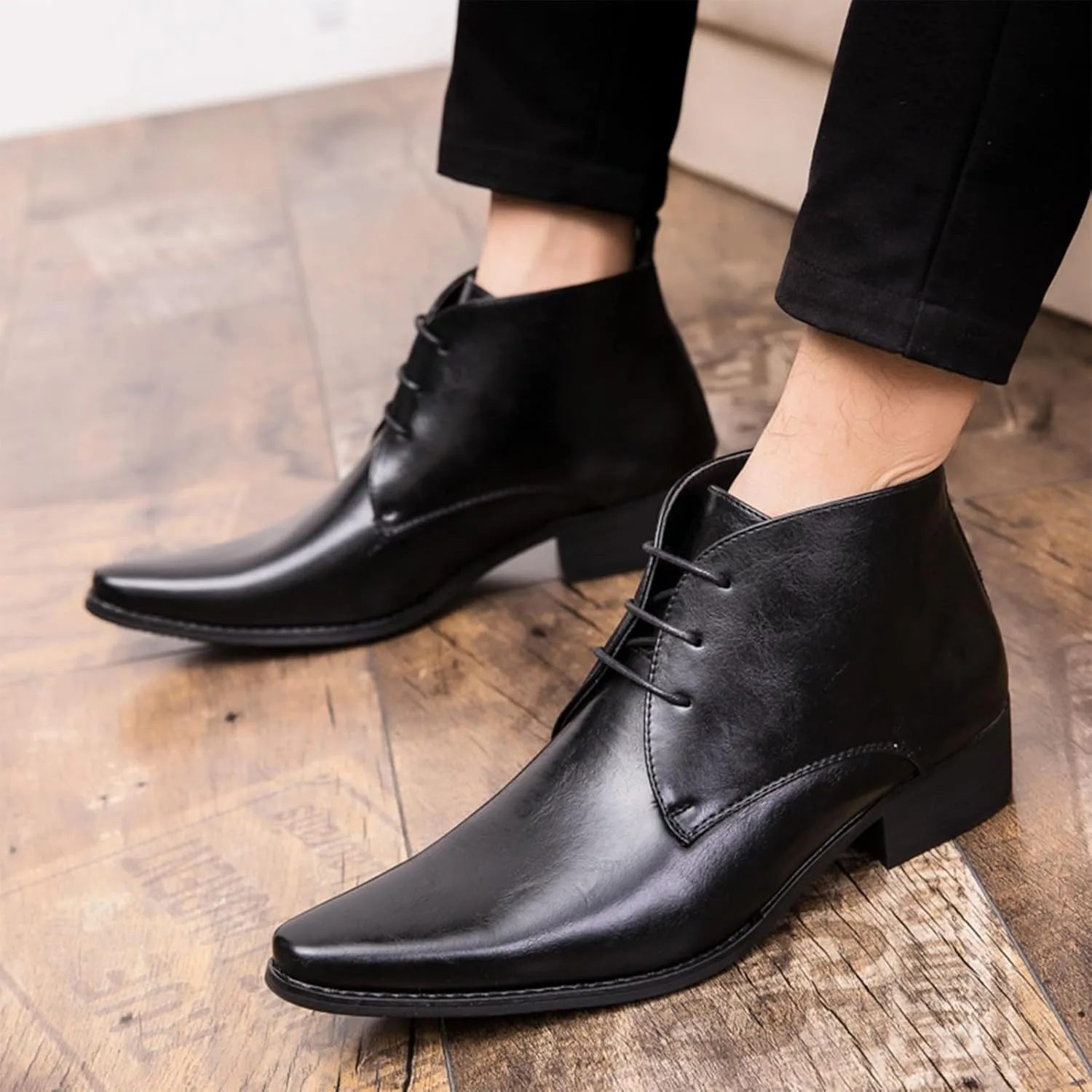 Men's Leather Pointed Toel Lace up retro Oxford Chelsea Boots Fashion Mid Top Comfort Non-Slip Chunky Heel Dress chukka Ankle Booties For causal Work Business Wedding Formal