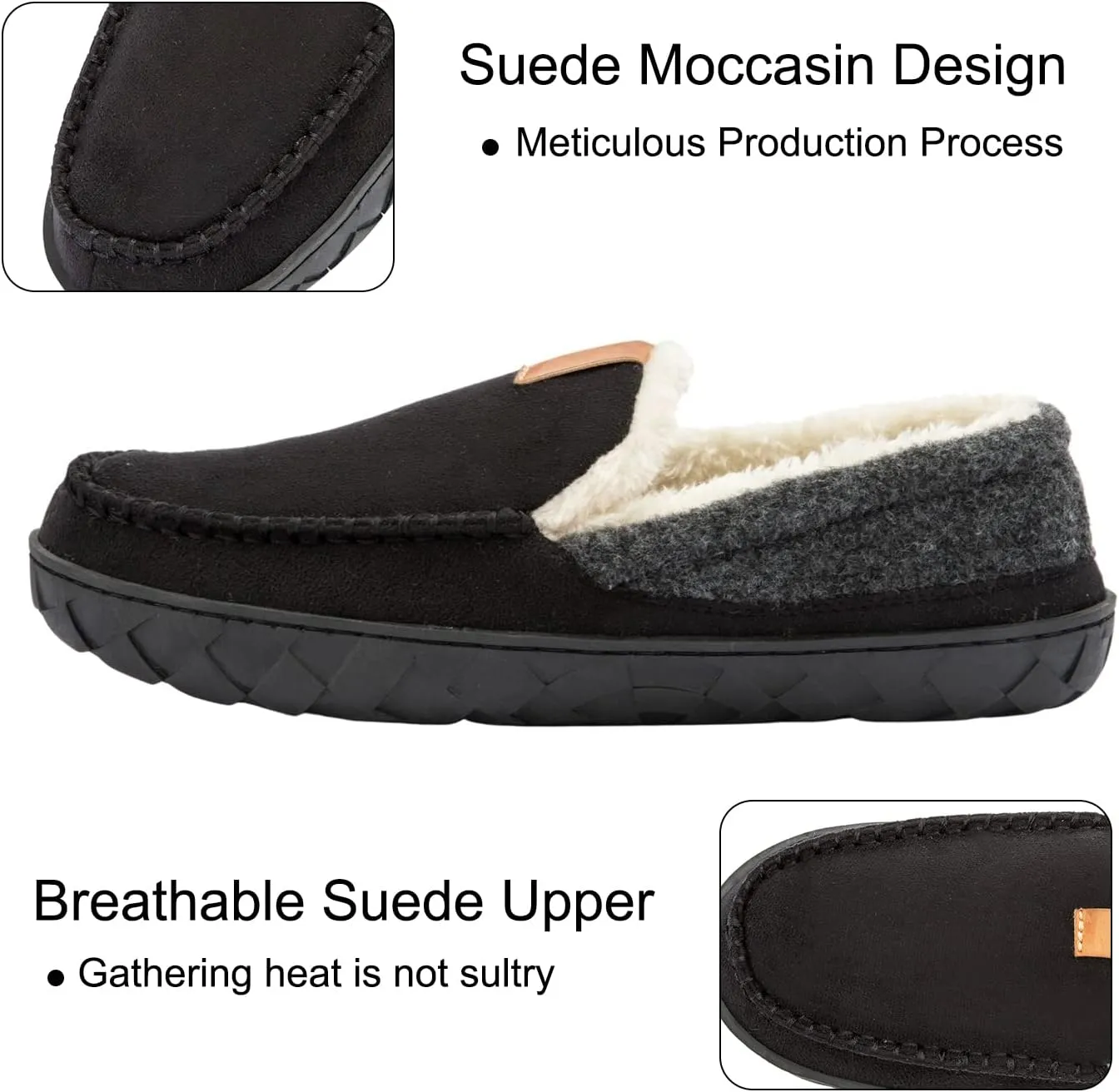Mens Moccasin Slippers Memory Foam Suede House Slippers for Men with Soft Fleece Lining Anti-Skid Sole Indoor Outdoor House Shoes