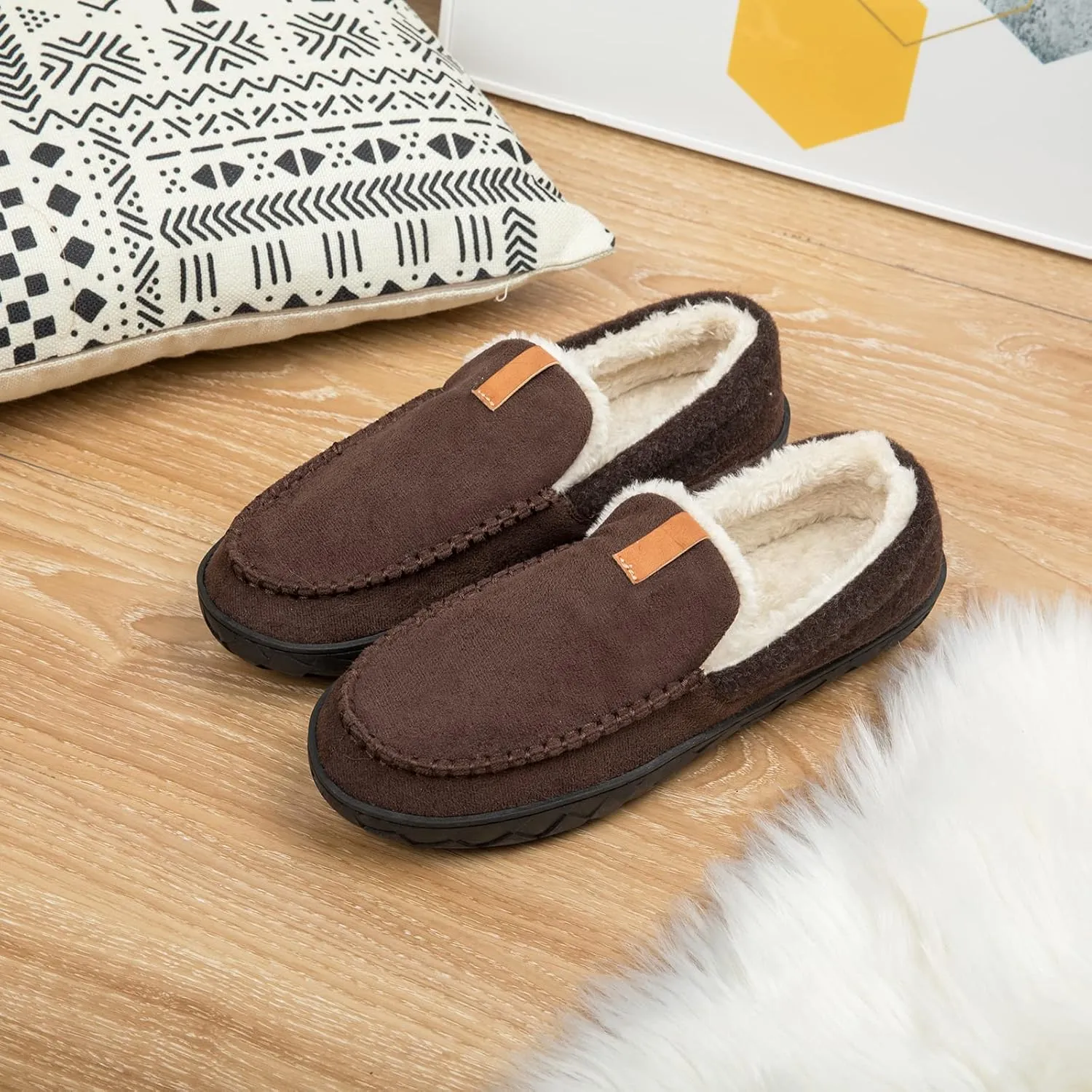 Mens Moccasin Slippers Memory Foam Suede House Slippers for Men with Soft Fleece Lining Anti-Skid Sole Indoor Outdoor House Shoes