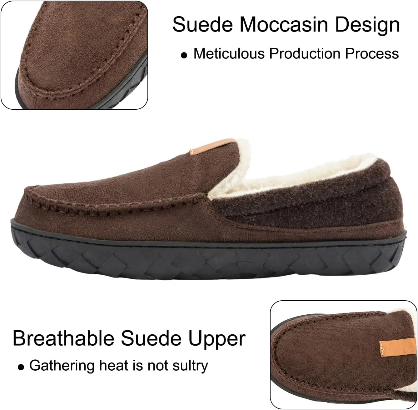 Mens Moccasin Slippers Memory Foam Suede House Slippers for Men with Soft Fleece Lining Anti-Skid Sole Indoor Outdoor House Shoes
