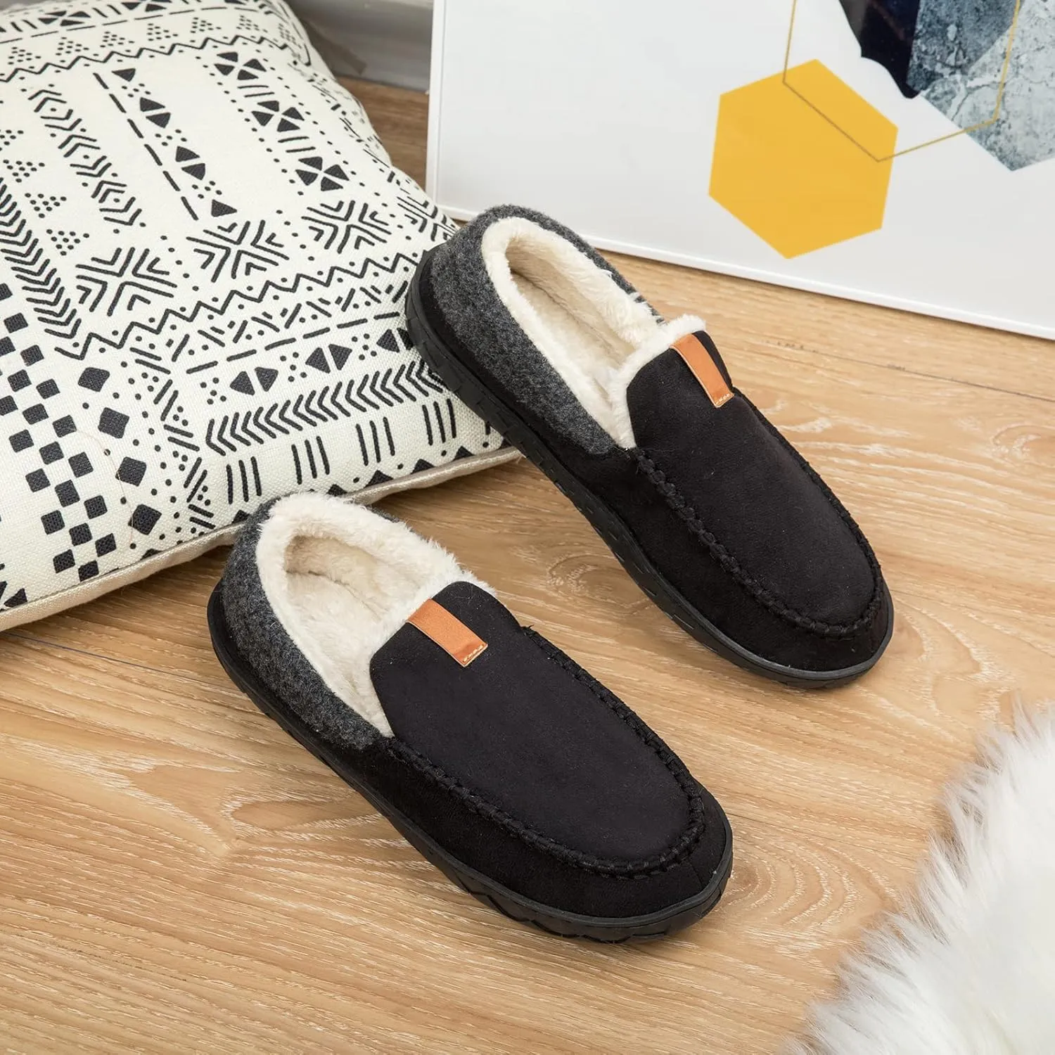 Mens Moccasin Slippers Memory Foam Suede House Slippers for Men with Soft Fleece Lining Anti-Skid Sole Indoor Outdoor House Shoes