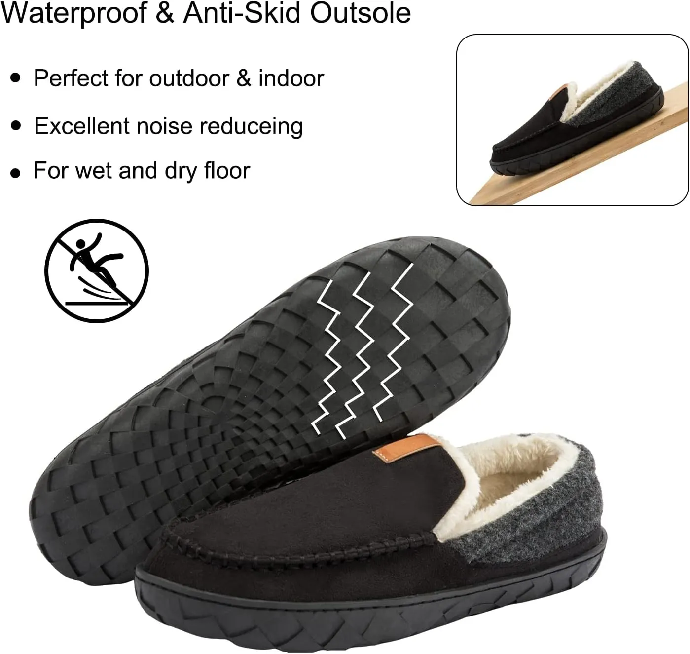 Mens Moccasin Slippers Memory Foam Suede House Slippers for Men with Soft Fleece Lining Anti-Skid Sole Indoor Outdoor House Shoes
