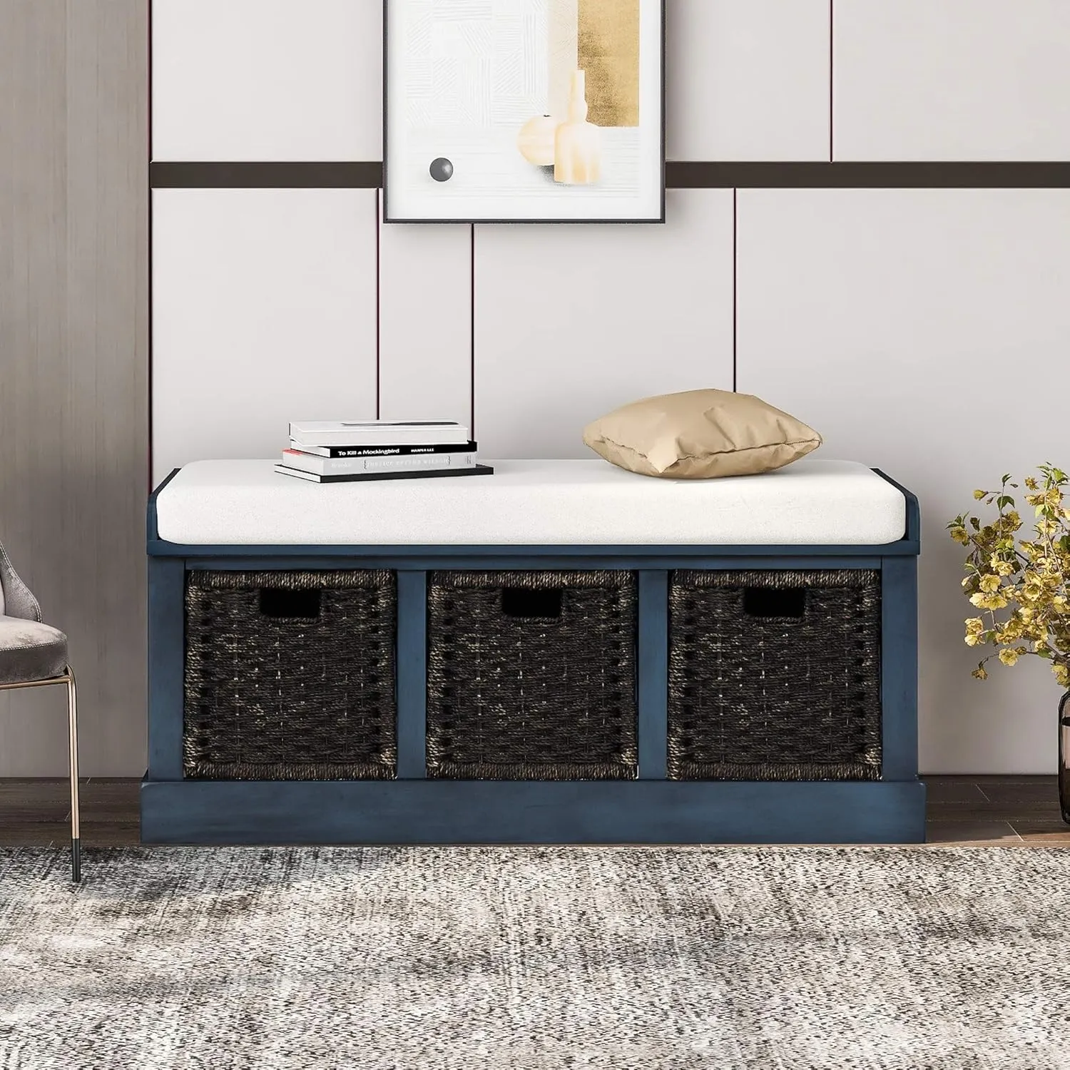 Merax Fully Assemble Storage Bench Entryway Storage Bench with 3 Removable Basket, Shoe Bench with Removable Cushion for Entryway, Hallway,Living Room(Antique Navy)