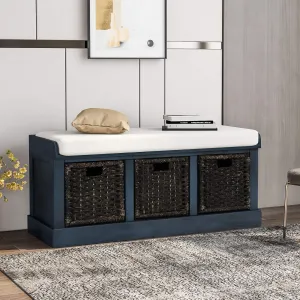 Merax Fully Assemble Storage Bench Entryway Storage Bench with 3 Removable Basket, Shoe Bench with Removable Cushion for Entryway, Hallway,Living Room(Antique Navy)