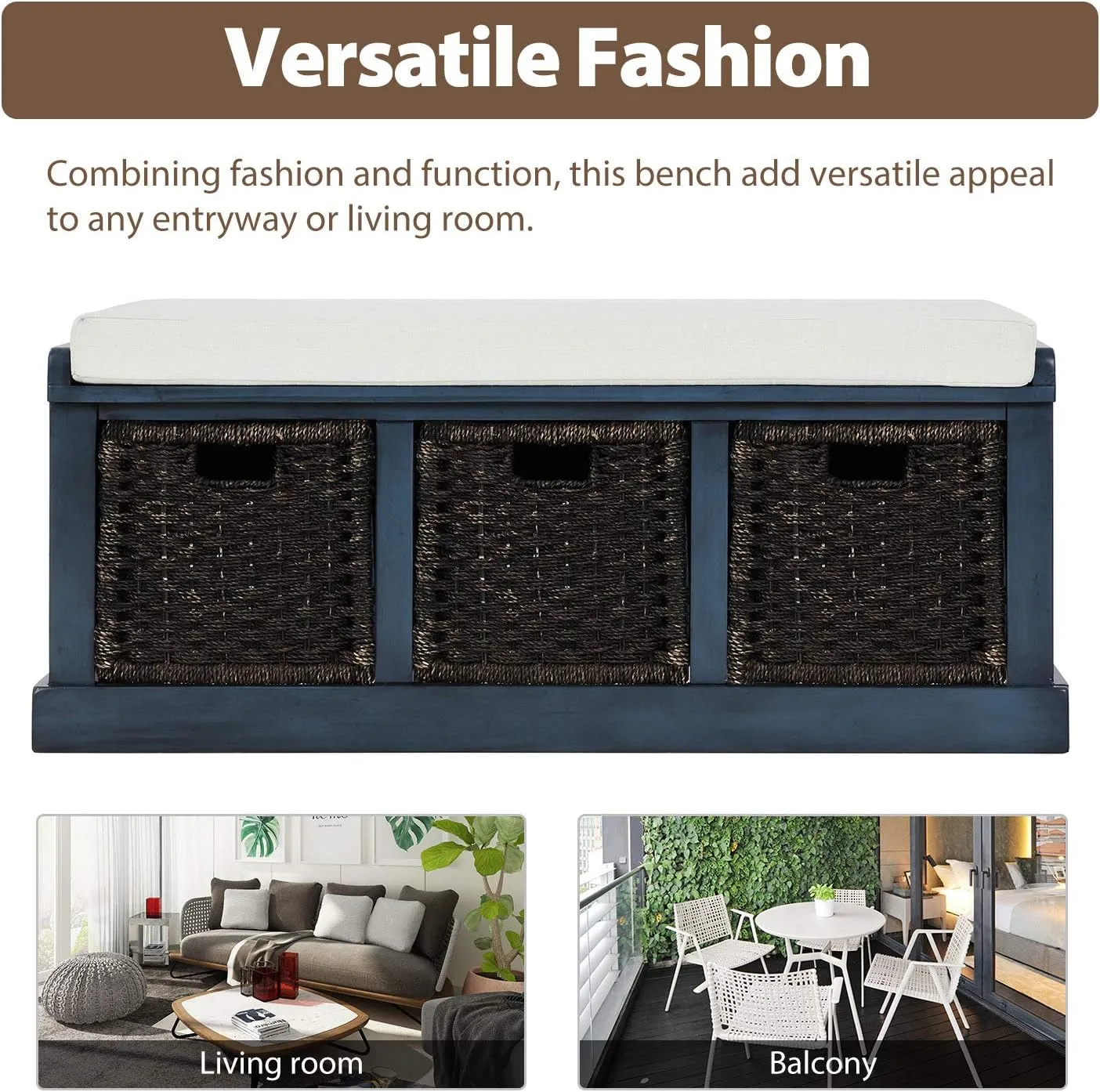 Merax Fully Assemble Storage Bench Entryway Storage Bench with 3 Removable Basket, Shoe Bench with Removable Cushion for Entryway, Hallway,Living Room(Antique Navy)