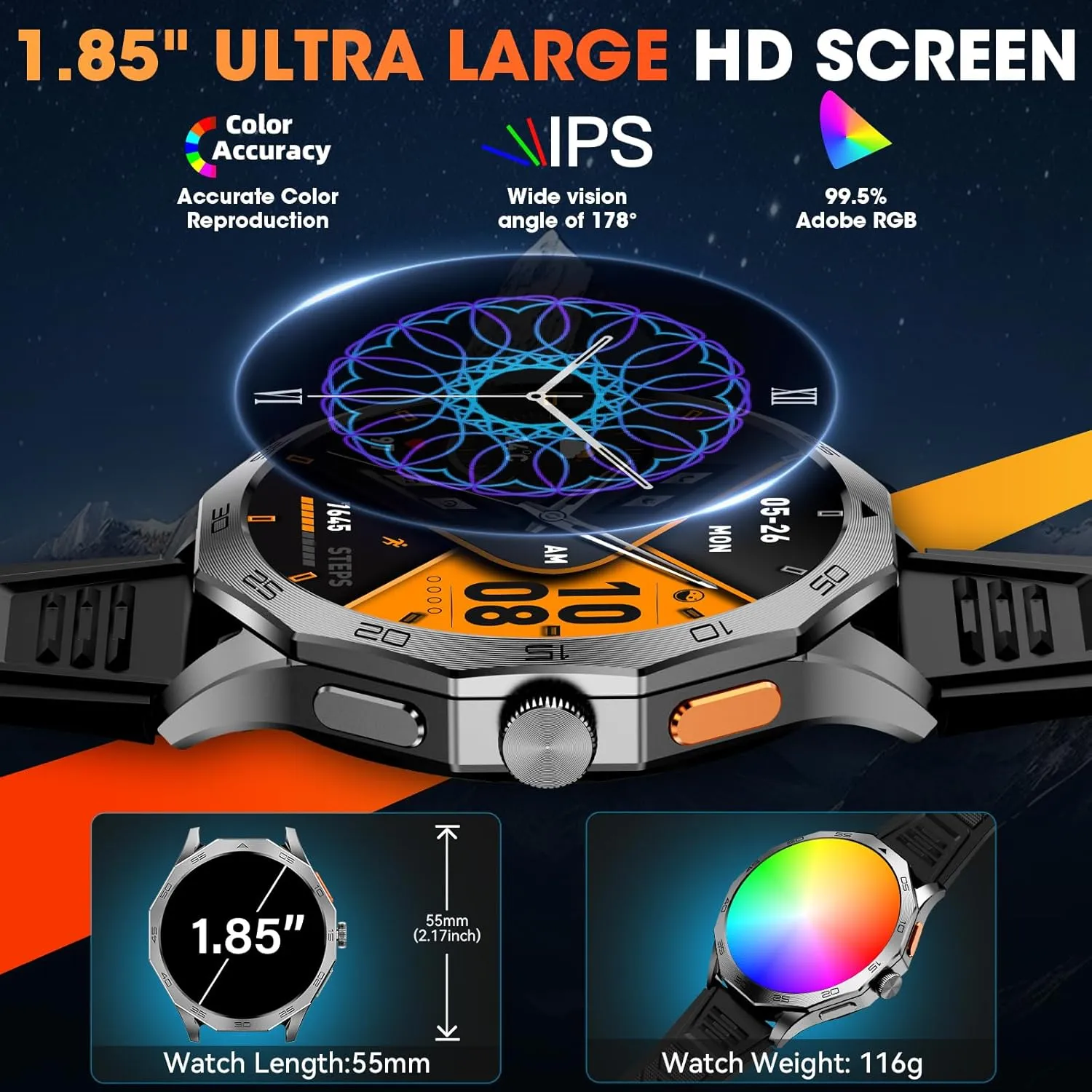 Military Smart Watch for Men 1.85" HD Ultra Screen Touch Screen 710mAh Battery Smart Watches for Android iOS （Bluetooth Call Answer/Dial Calls） Fitness Tracker with 100  Sports