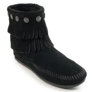 Minnetonka Double Fringe Side Zip Boot ( Black) - Womens Boots (Closeout)