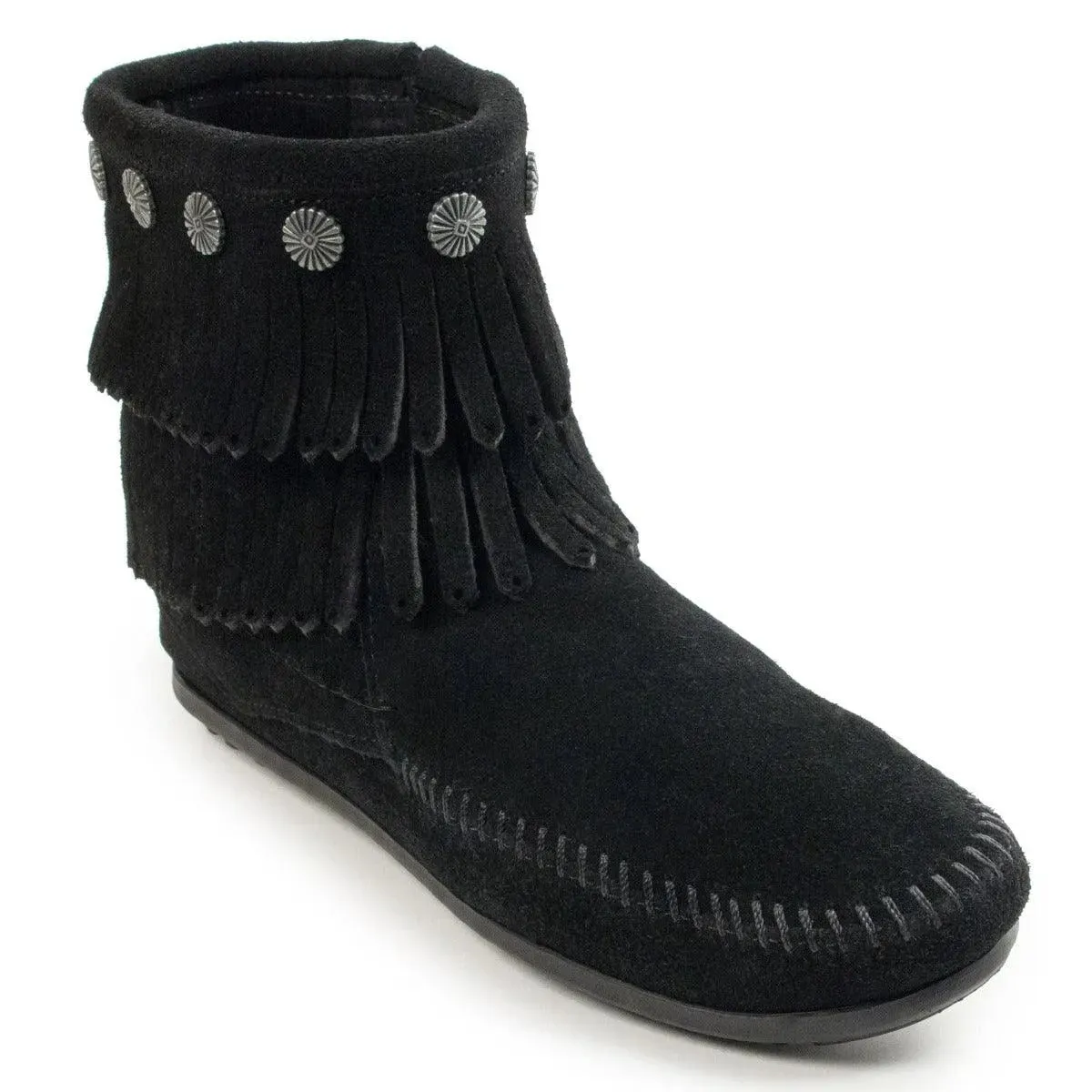 Minnetonka Double Fringe Side Zip Boot ( Black) - Womens Boots (Closeout)