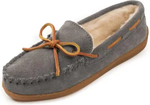Minnetonka Women’s Hardsole Pile-Lined Moccasin Slippers, Charcoal, 9 W