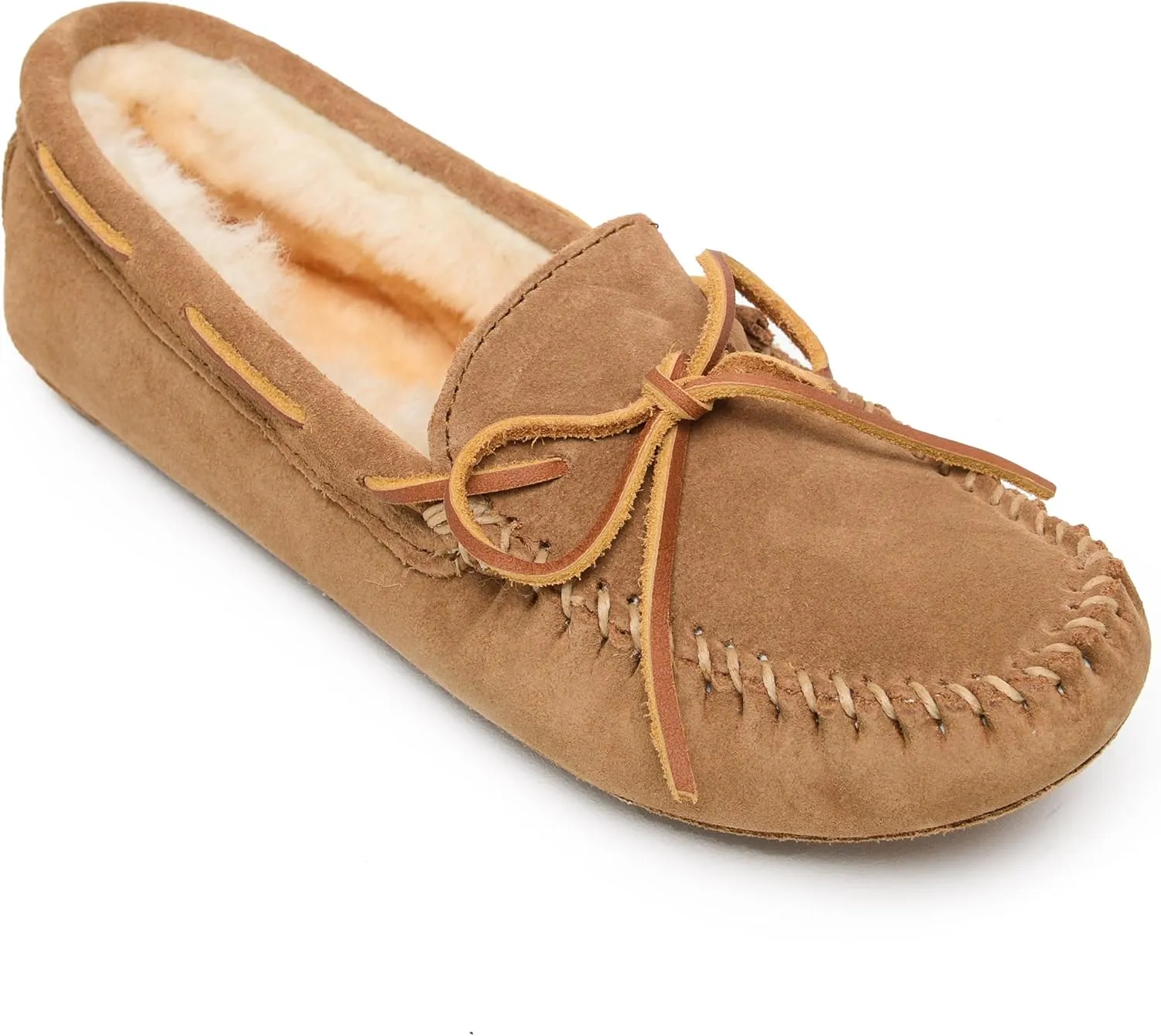 Minnetonka Women's Sheepskin Soft Leather Sole Leather Sole Moccasin, Tan 5 W