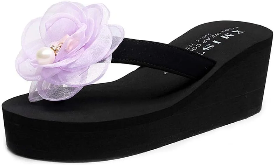 MIOKE Flower Wedge Flipflops For Womens Trendy Summer Boho High Heel Platform Nonslip Beach Thong Sandals