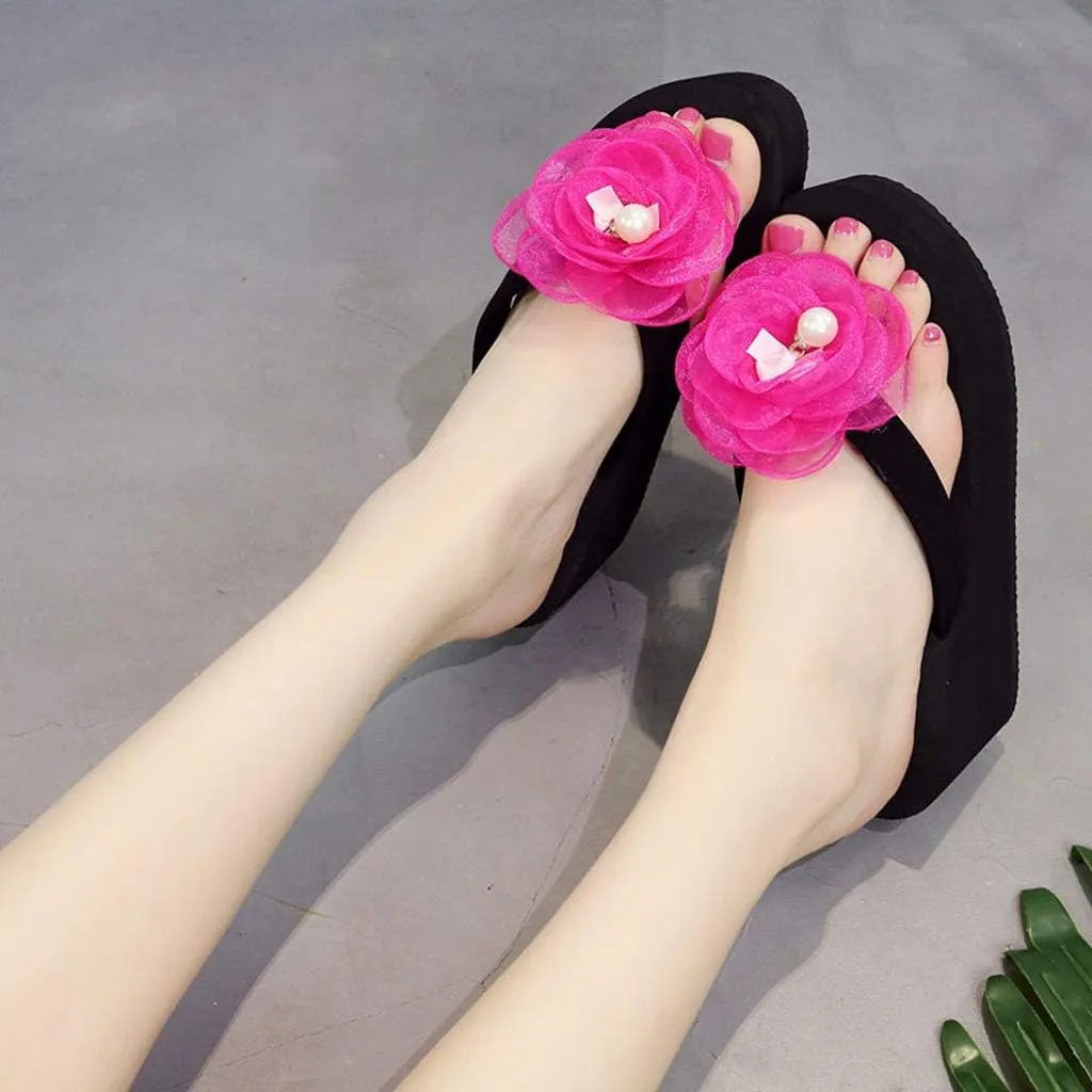 MIOKE Flower Wedge Flipflops For Womens Trendy Summer Boho High Heel Platform Nonslip Beach Thong Sandals