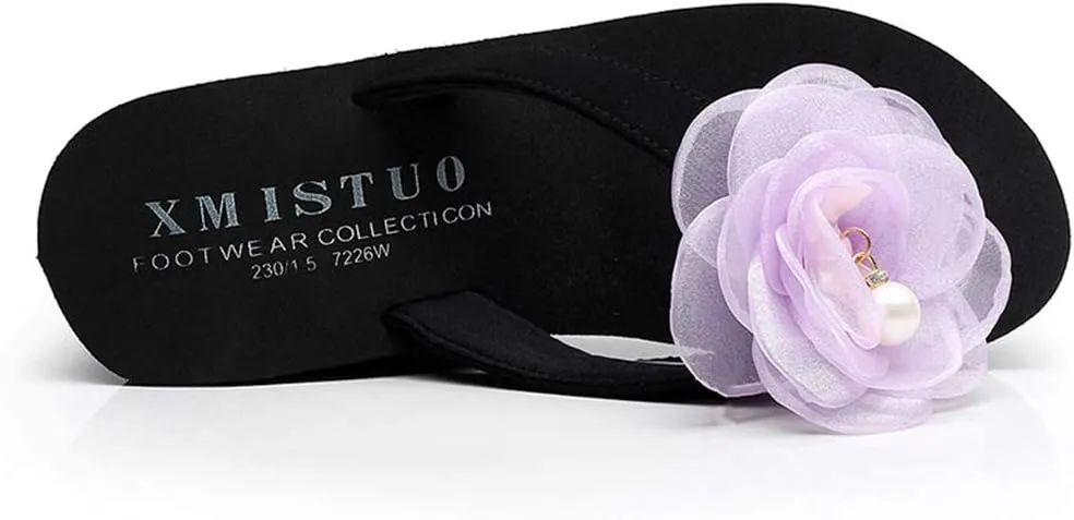 MIOKE Flower Wedge Flipflops For Womens Trendy Summer Boho High Heel Platform Nonslip Beach Thong Sandals