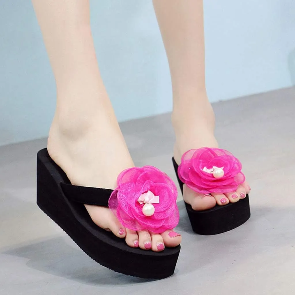 MIOKE Flower Wedge Flipflops For Womens Trendy Summer Boho High Heel Platform Nonslip Beach Thong Sandals
