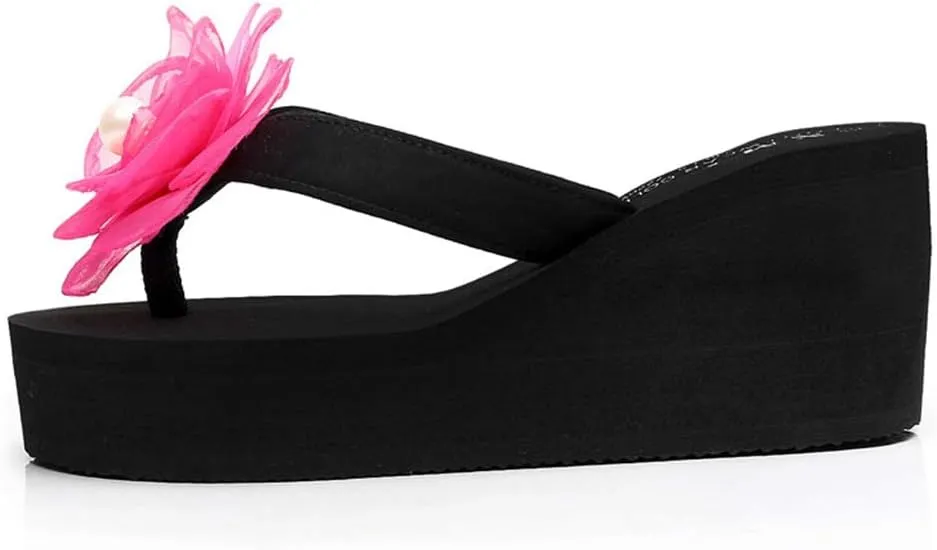 MIOKE Flower Wedge Flipflops For Womens Trendy Summer Boho High Heel Platform Nonslip Beach Thong Sandals