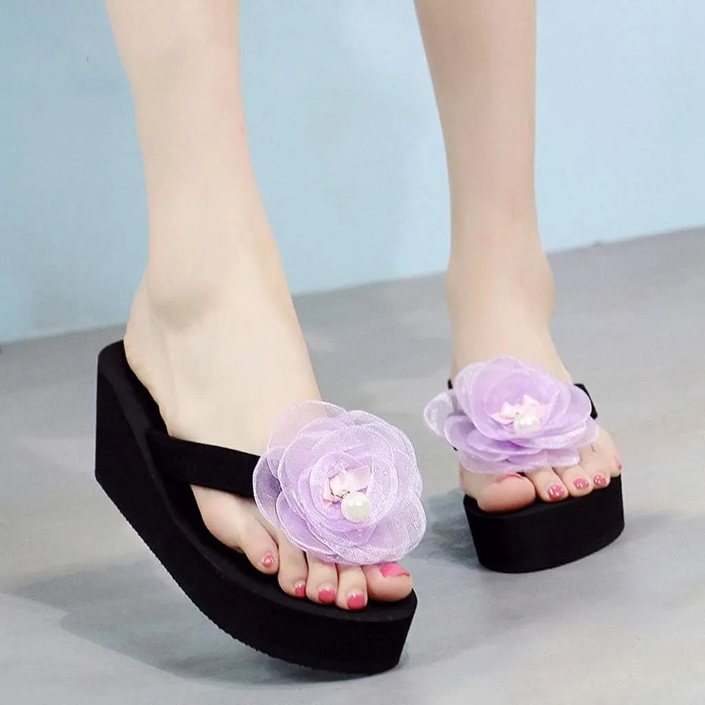 MIOKE Flower Wedge Flipflops For Womens Trendy Summer Boho High Heel Platform Nonslip Beach Thong Sandals