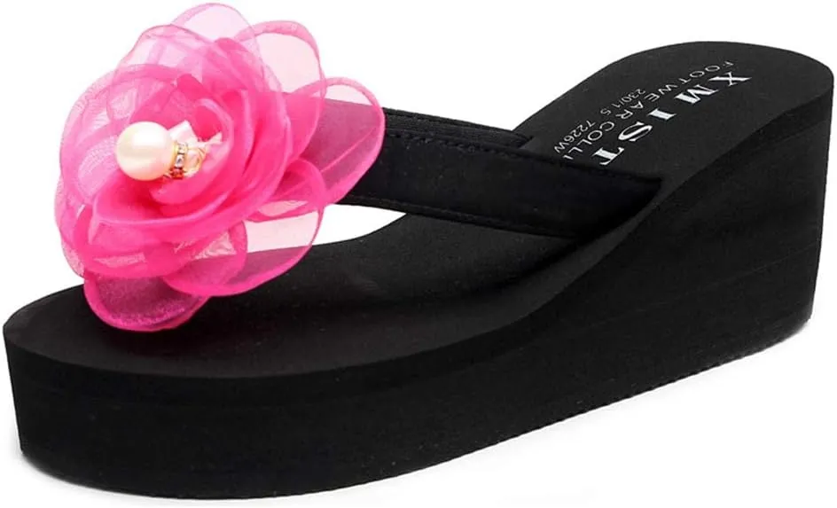 MIOKE Flower Wedge Flipflops For Womens Trendy Summer Boho High Heel Platform Nonslip Beach Thong Sandals