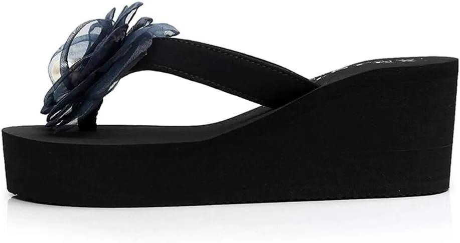 MIOKE Flower Wedge Flipflops For Womens Trendy Summer Boho High Heel Platform Nonslip Beach Thong Sandals