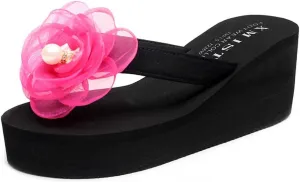 MIOKE Flower Wedge Flipflops For Womens Trendy Summer Boho High Heel Platform Nonslip Beach Thong Sandals