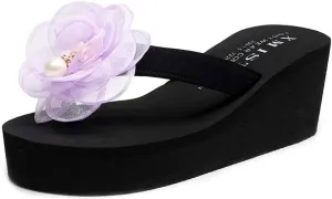 MIOKE Flower Wedge Flipflops For Womens Trendy Summer Boho High Heel Platform Nonslip Beach Thong Sandals