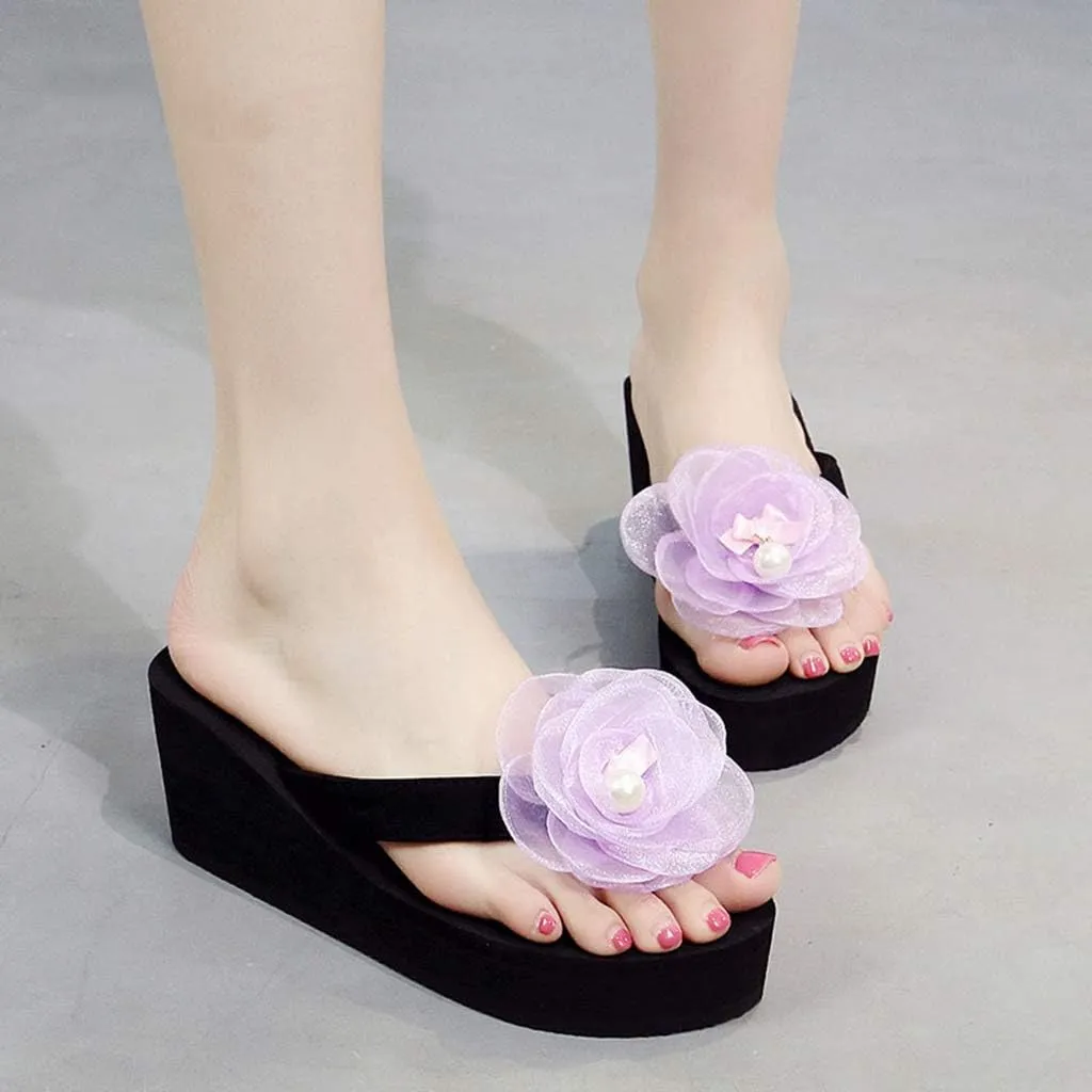 MIOKE Flower Wedge Flipflops For Womens Trendy Summer Boho High Heel Platform Nonslip Beach Thong Sandals