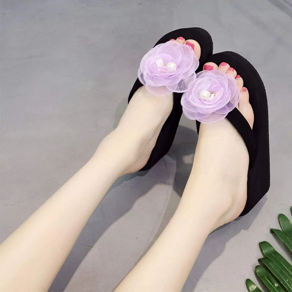 MIOKE Flower Wedge Flipflops For Womens Trendy Summer Boho High Heel Platform Nonslip Beach Thong Sandals