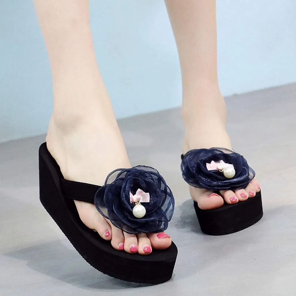 MIOKE Flower Wedge Flipflops For Womens Trendy Summer Boho High Heel Platform Nonslip Beach Thong Sandals