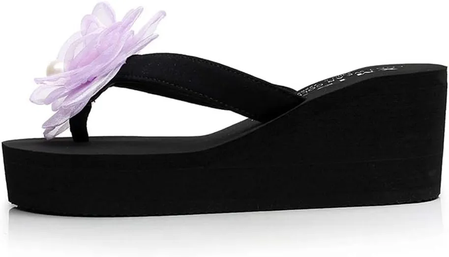 MIOKE Flower Wedge Flipflops For Womens Trendy Summer Boho High Heel Platform Nonslip Beach Thong Sandals