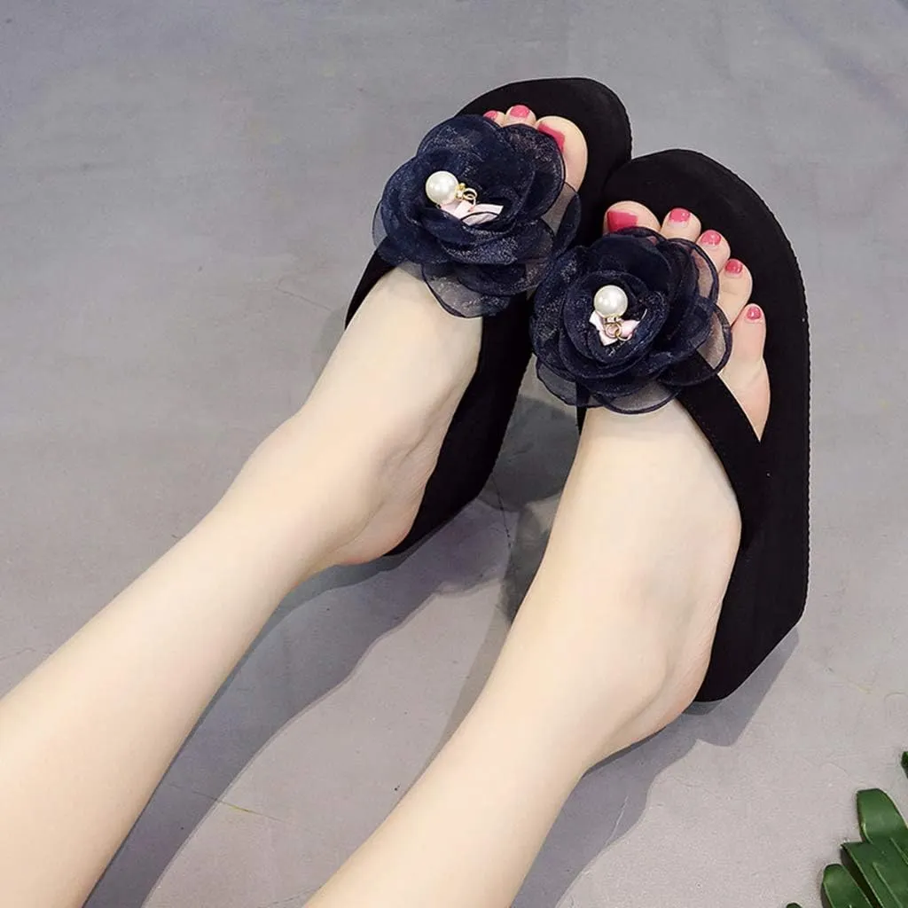MIOKE Flower Wedge Flipflops For Womens Trendy Summer Boho High Heel Platform Nonslip Beach Thong Sandals