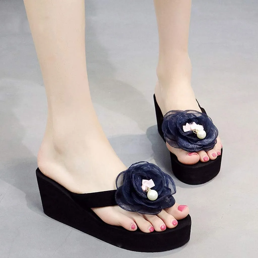 MIOKE Flower Wedge Flipflops For Womens Trendy Summer Boho High Heel Platform Nonslip Beach Thong Sandals