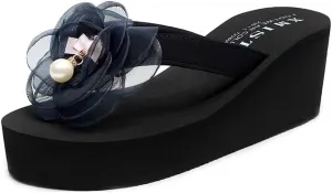 MIOKE Flower Wedge Flipflops For Womens Trendy Summer Boho High Heel Platform Nonslip Beach Thong Sandals