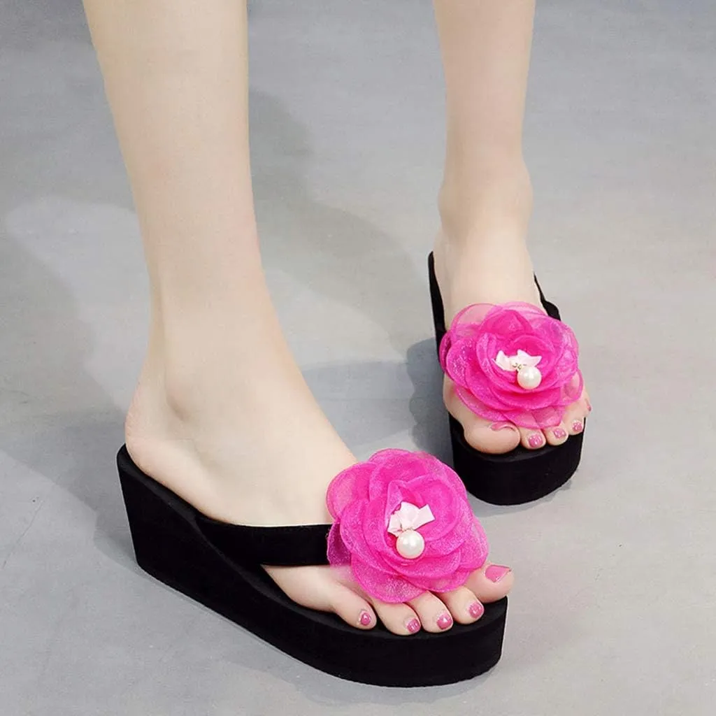 MIOKE Flower Wedge Flipflops For Womens Trendy Summer Boho High Heel Platform Nonslip Beach Thong Sandals