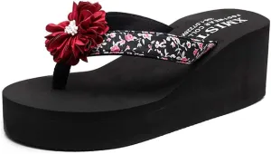 MIOKE Women's Flower Platform High Heel Flip Flops Summer Bohemia Comfy Nonslip Beach Wedge Thong Sandals