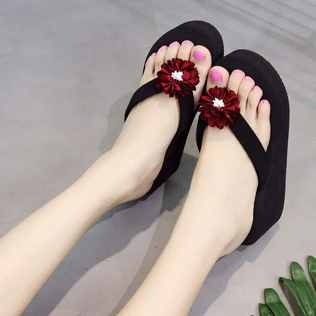 MIOKE Women's Flower Platform High Heel Flip Flops Summer Bohemia Comfy Nonslip Beach Wedge Thong Sandals