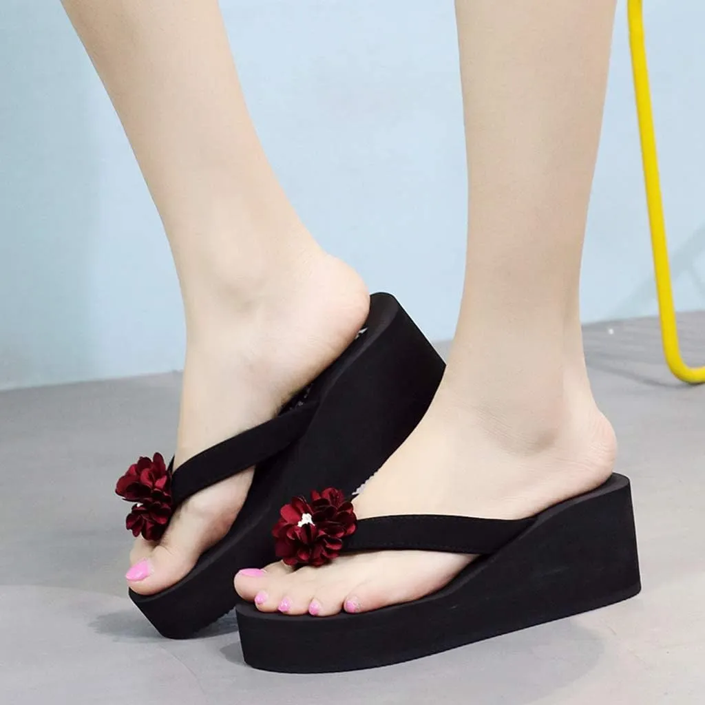 MIOKE Women's Flower Platform High Heel Flip Flops Summer Bohemia Comfy Nonslip Beach Wedge Thong Sandals