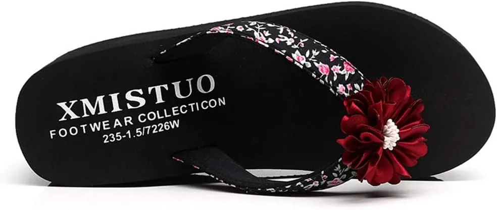 MIOKE Women's Flower Platform High Heel Flip Flops Summer Bohemia Comfy Nonslip Beach Wedge Thong Sandals