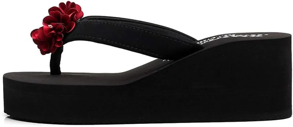 MIOKE Women's Flower Platform High Heel Flip Flops Summer Bohemia Comfy Nonslip Beach Wedge Thong Sandals