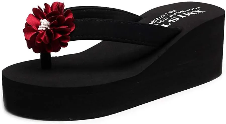 MIOKE Women's Flower Platform High Heel Flip Flops Summer Bohemia Comfy Nonslip Beach Wedge Thong Sandals