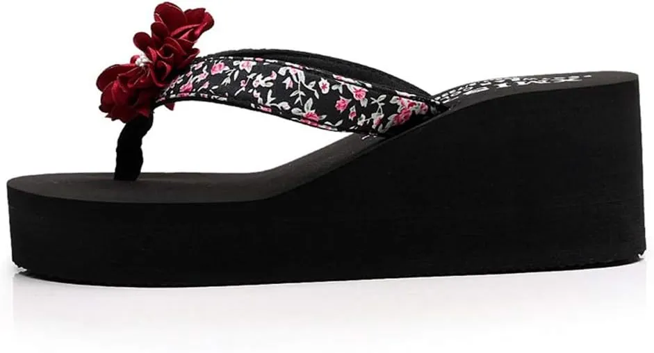 MIOKE Women's Flower Platform High Heel Flip Flops Summer Bohemia Comfy Nonslip Beach Wedge Thong Sandals
