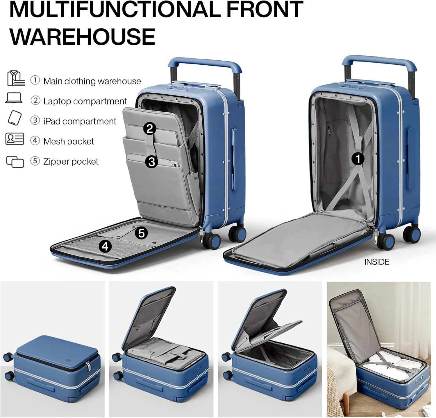 mixi Carry On Luggage 20'' Suitcase with Front Laptop Pocket, Wide Handle Rolling Travel Suitcases PC Hardshell with Aluminum Frame Spinner Wheels & TSA Lock, Striped Sapphire Blue