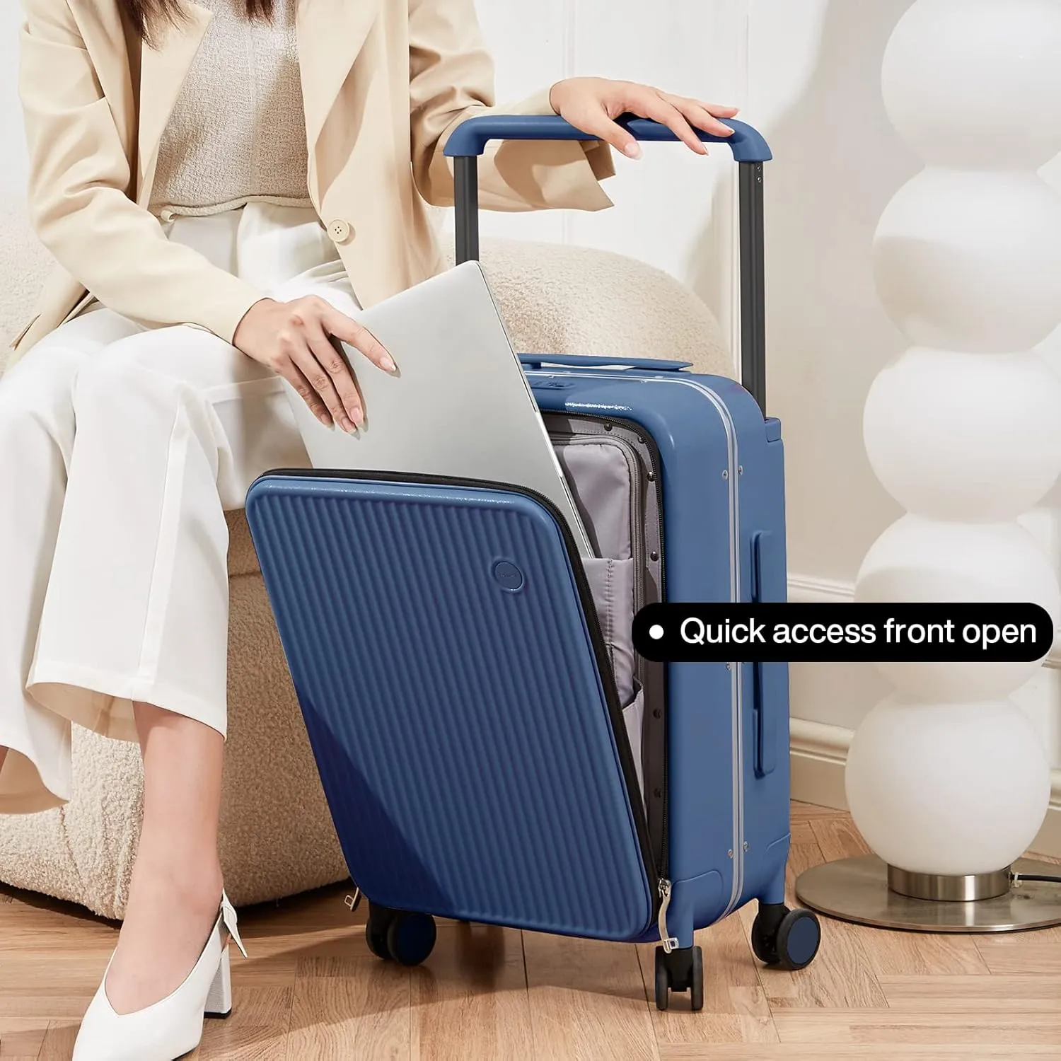 mixi Carry On Luggage 20'' Suitcase with Front Laptop Pocket, Wide Handle Rolling Travel Suitcases PC Hardshell with Aluminum Frame Spinner Wheels & TSA Lock, Striped Sapphire Blue